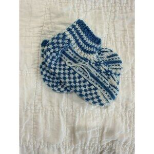 Handmade Knit Baby Booties Blue White Nordic Pattern Crib Shoes